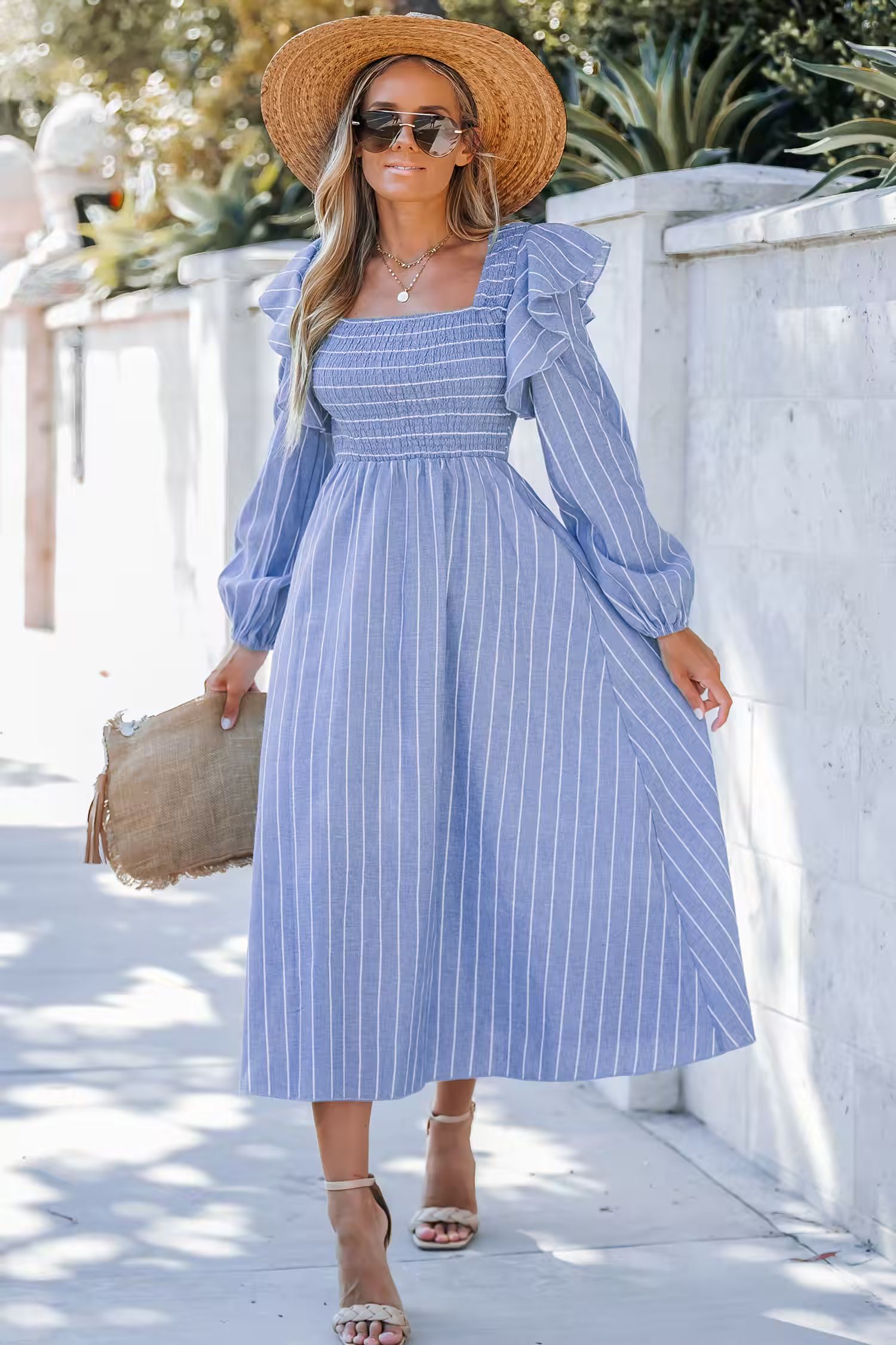 Pinstriped Smocked Ruffled Maxi Dress | Cupshe US