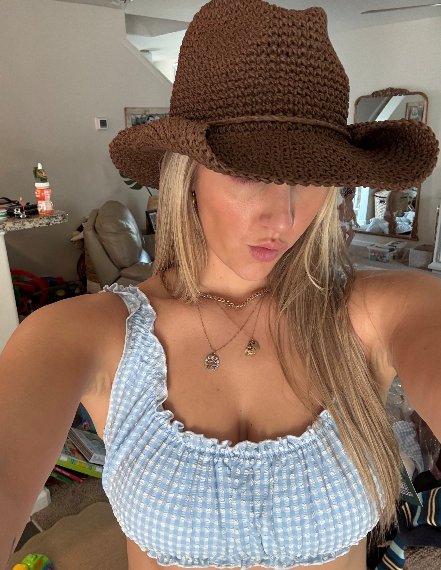 Target beach/pool hat 
Target swimsuit size D/DD 
M in bottoms (run small)
Small in sarong 