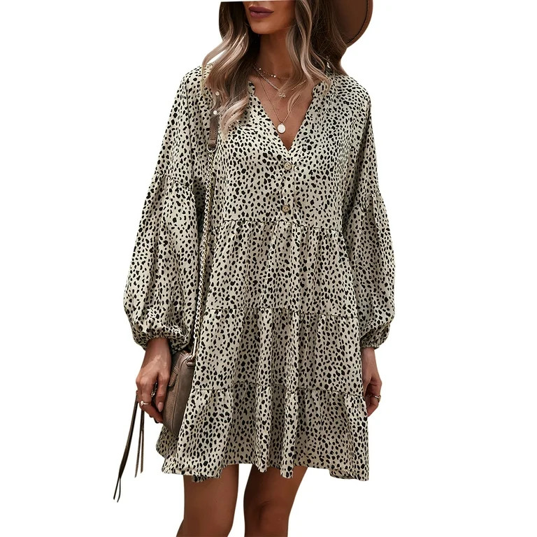 SHIBEVER Fall Long Sleeve Leopard Floral Tunic Dress for Women Boho V Neck Ruffle Swing Mini Dres... | Walmart (US)