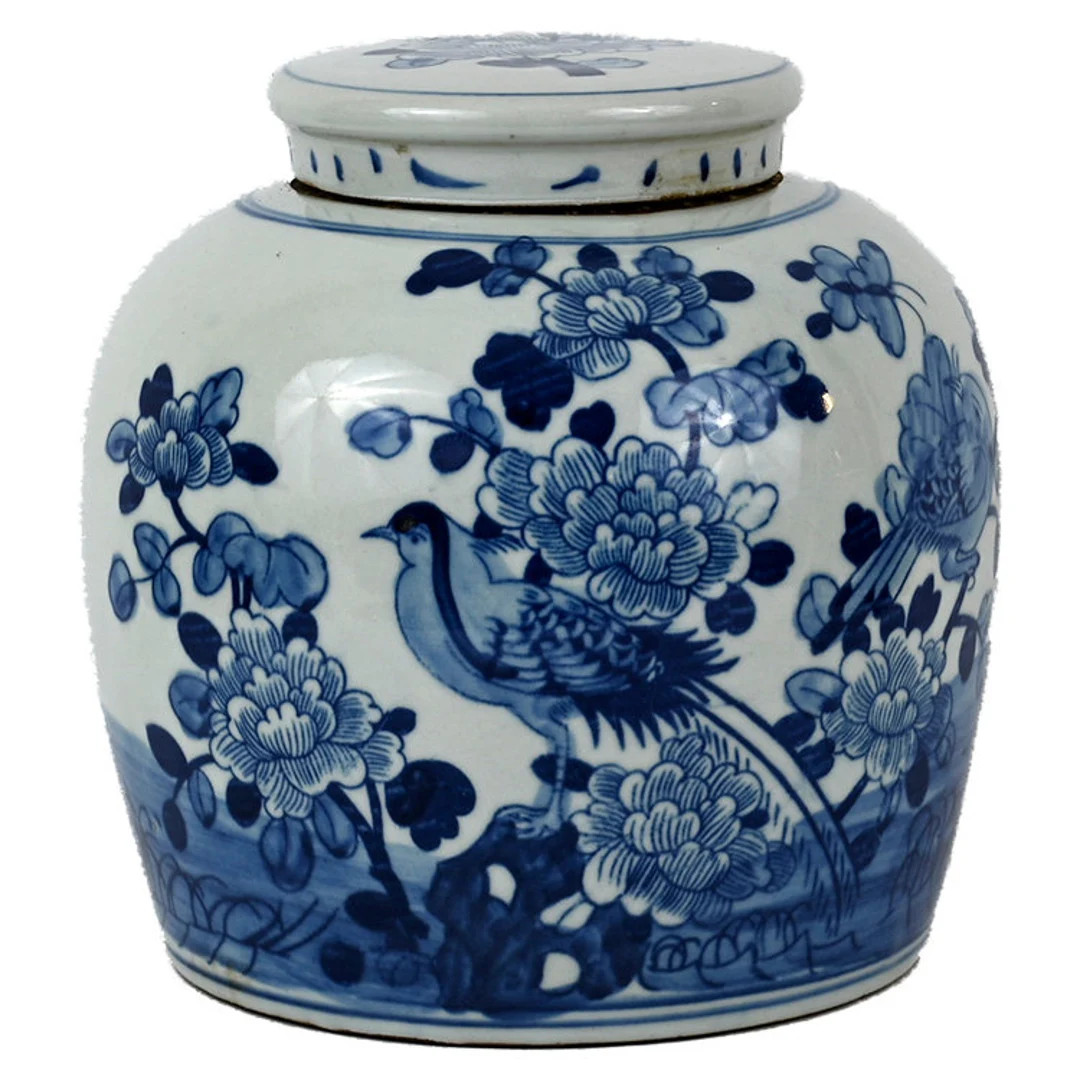 Blue and White Porcelain Floral Bird Motif Ginger Jar 9" - Etsy | Etsy (US)