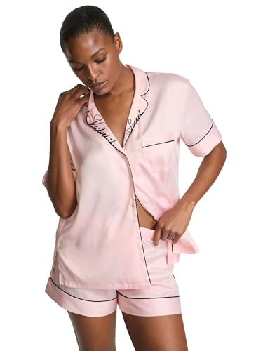 Victoria's Secret Satin Pajama Set, Short Sleeve Button Down & Shorts, Pajamas for Women, Angel Pink W Collar Embroidery, XL | Amazon (US)