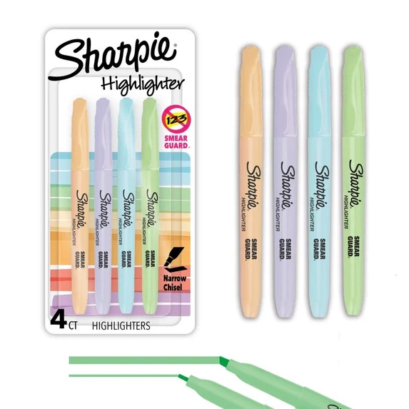 Sharpie Pocket Highlighters, Mild Pastel Colors, Assorted, Chisel Tip, 4 Count | Walmart (US)