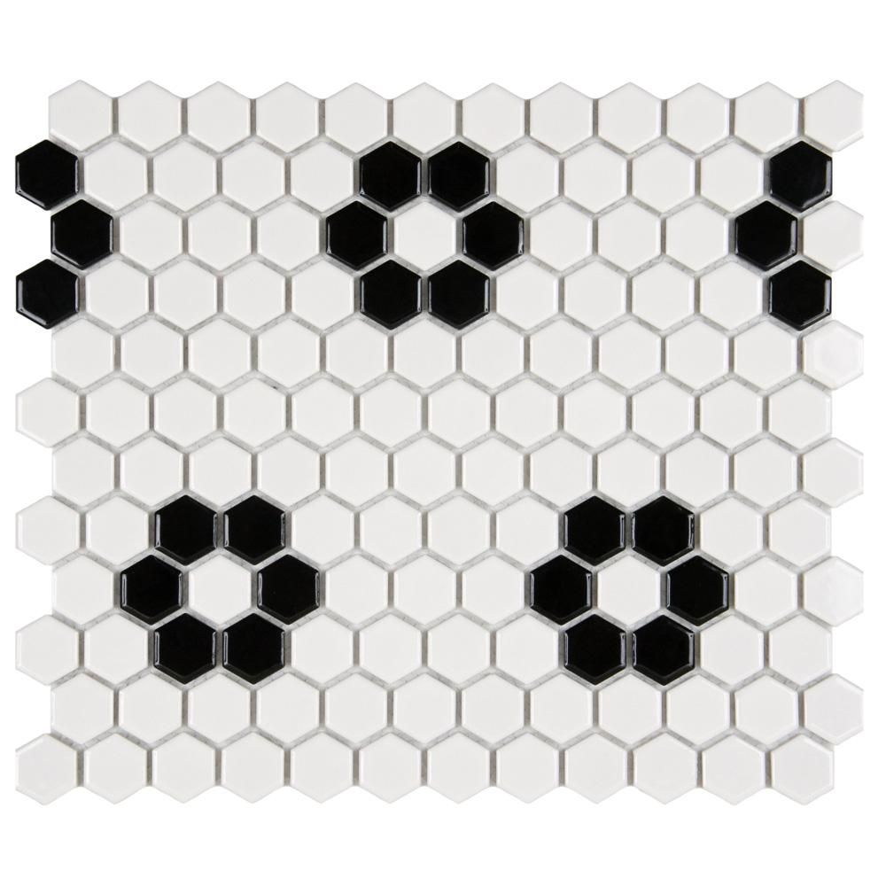 Merola Tile Metro Hex Glossy White with Heavy Flower 10-1/4 in. x 11-7/8 in. Porcelain Mosaic Til... | The Home Depot