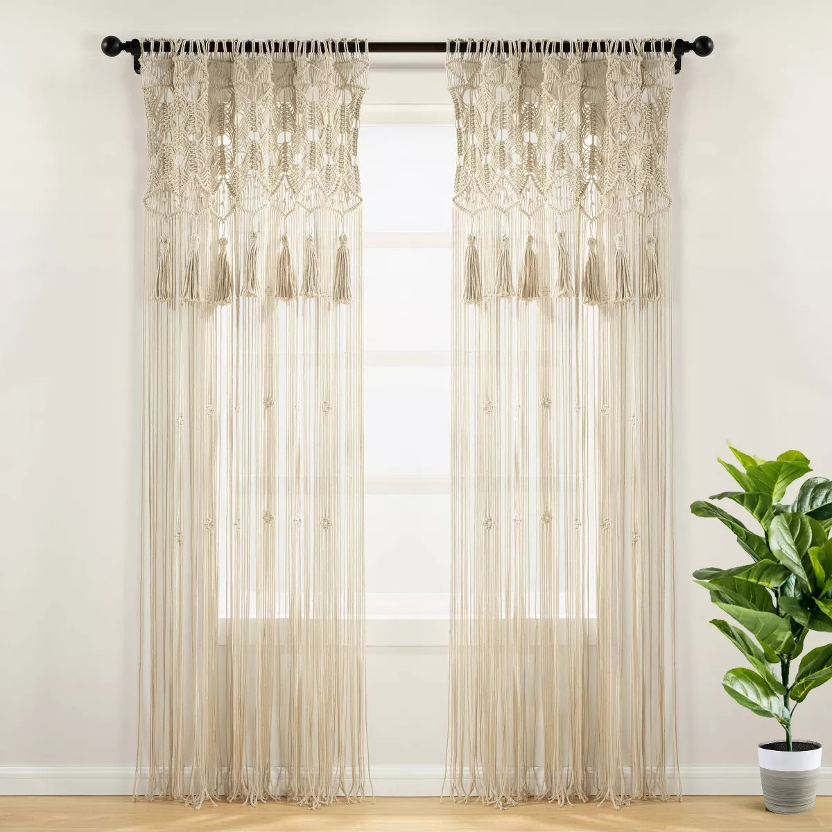 1pc 40"x84" Light Filtering Boho Macrame Tassel Curtain Panel Tan - Lush Décor | Target