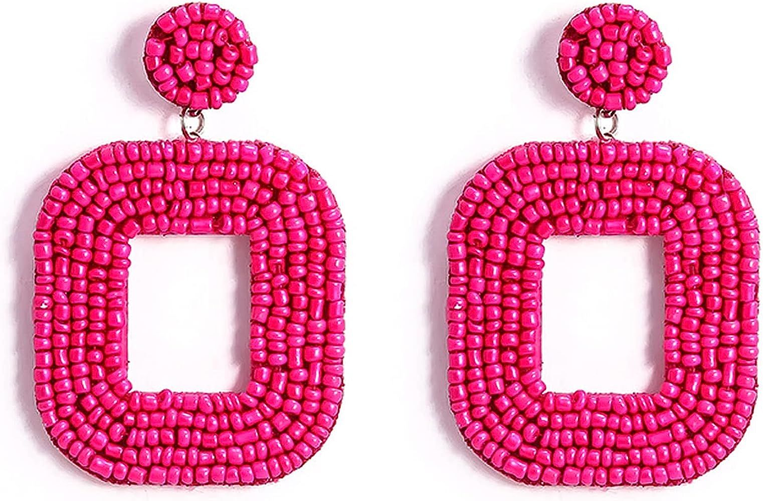Pink Beaded Earrings for Women Bohemian Beaded Drop Earrings Square Hoop Dangle Statement Earrings f | Amazon (US)