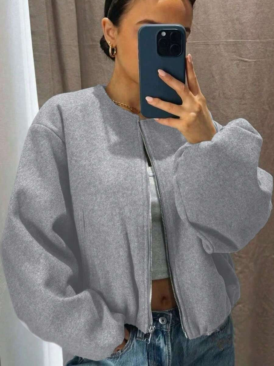 Women's Baseball Jacket Bomber Jacket Street Style Round Neck Drop Shoulder Lantern Sleeve Zip-Up... | SHEIN