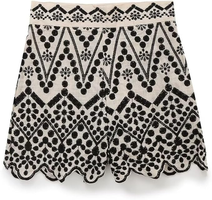French Floral Embroidery High Waisted Shorts Moroccan Retro Cotton Summer Bermuda Shorts Women | Amazon (US)