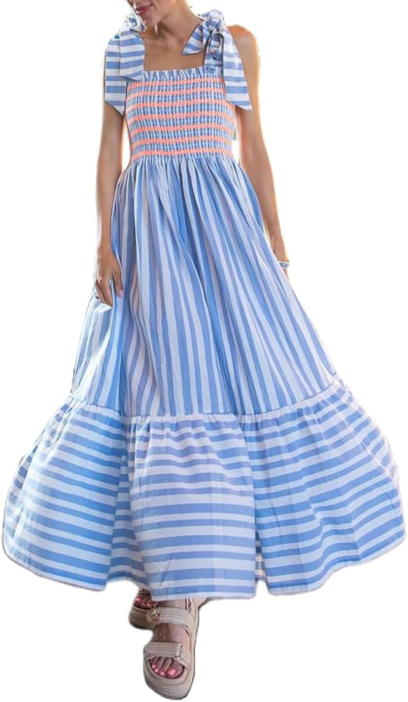 Women Tie Shoulder Boho Floral Maxi Dress Y2k Spaghetti Strap Flowy Long Dresses Summer Tiered Be... | Amazon (US)