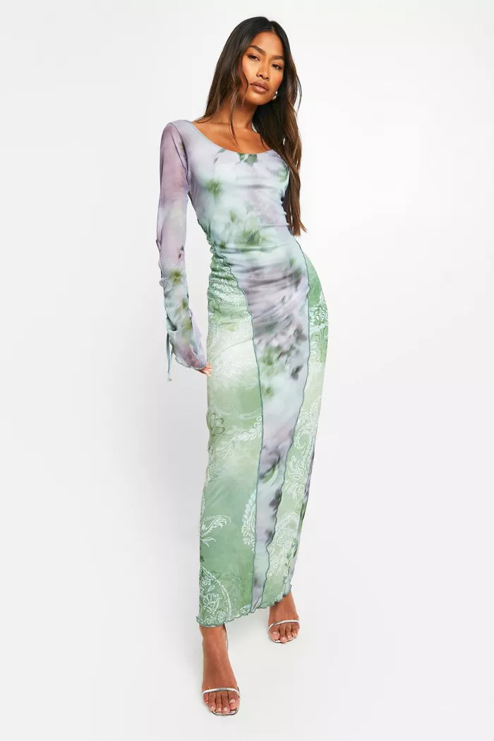 Mixed Floral Mesh Tie Sleeve Maxi Dress | boohoo (US & Canada)