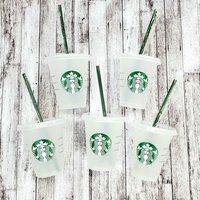 Set Of 5 Mini Starbucks Kids Cups With Green Straws - 16Oz | Etsy (US)