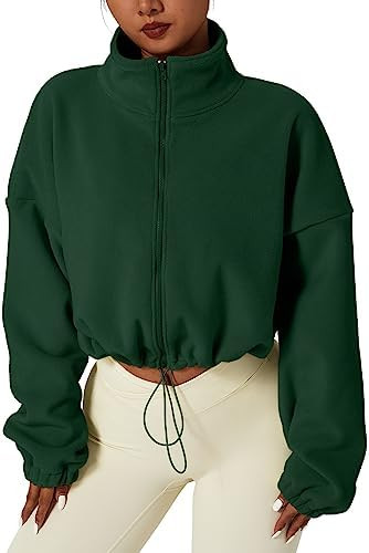 QINSEN Women's Full Zip Fleece Short Jacket Warm Winter Long Sleeve Stand Collar Sherpa Crop Coat | Amazon (US)