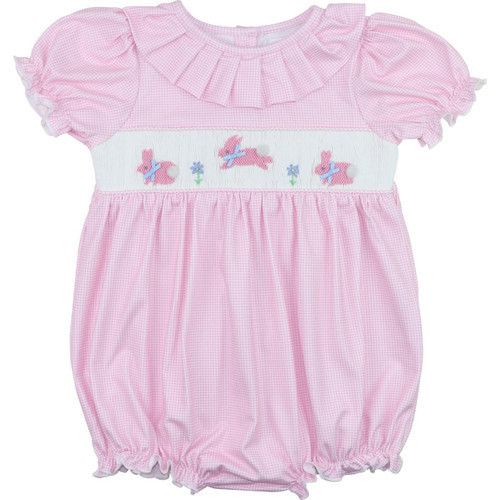 Pink Gingham Knit Smocked Bunny Bubble | Cecil and Lou