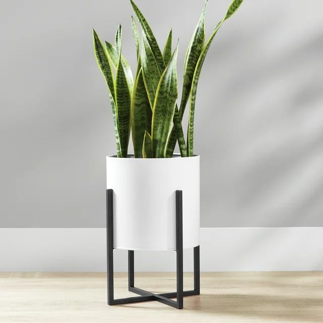 Mainstays 11 Inch White Round Metal Planter with Black Metal Stand, 11 IN D x 15.6 IN H, Plants N... | Walmart (US)