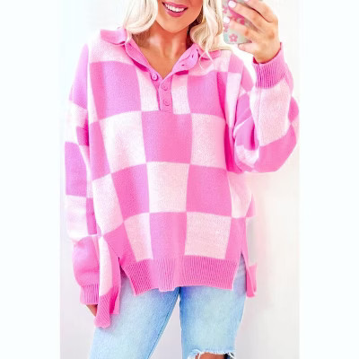 Pink Checkerboard Half Button Collared Drop Shoulder Sweater | Target