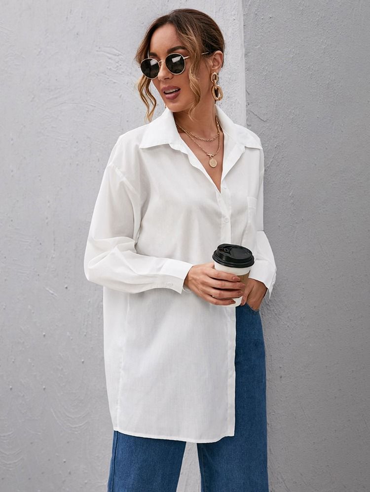 Button Front Patch Pocket Tunic Top | SHEIN