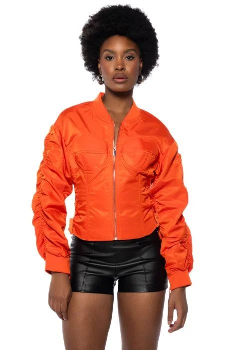 YOUR MOVE FITTED CORSET BOMBER WITH ADJUSTABLE SIDE LACE UP DETAILING IN ORANGE | AKIRA