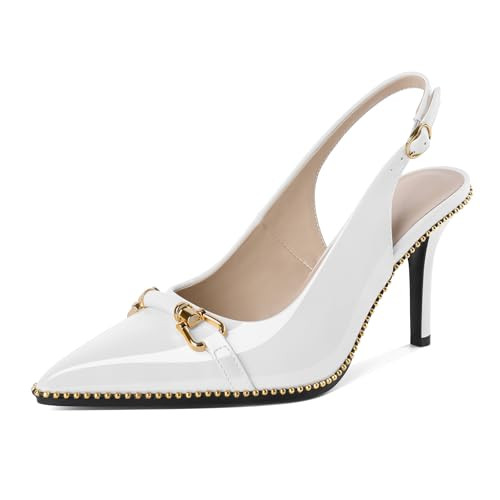 Joseywade White Heels White Slingback Pumps Women Closed Pointed Toe High Heels Pumps Stiletto Heels Buckle Gold Beaded Shoes 3.5 Inch for Dress Club Night Out Size 9.5 | Amazon (US)