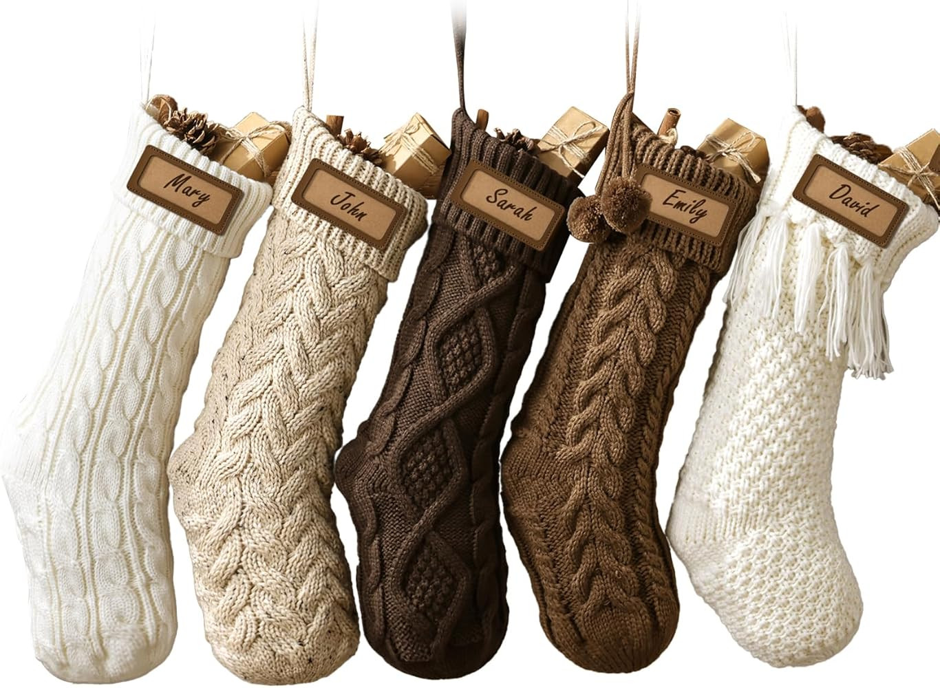 Rustic Knitted Personalized Christmas Stockings: 5 Pack 18 Inch Earth Tones Cable Knit Fireplace ... | Amazon (US)