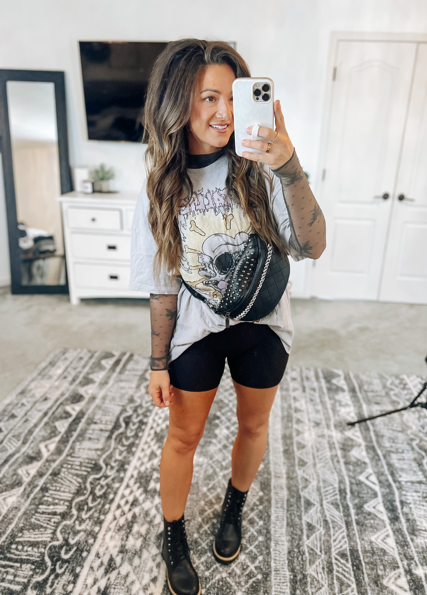Outfit all on sale 9/21-9/24 with promo codes!! Lace top true to size, I sized up to the XL on the graphic tee, but they already run oversized 👌 the bike shorts are tts and the boots run a little small especially if you have a wider foot, I’d size up in these! 

#LTKshoecrush #LTKSale #LTKstyletip