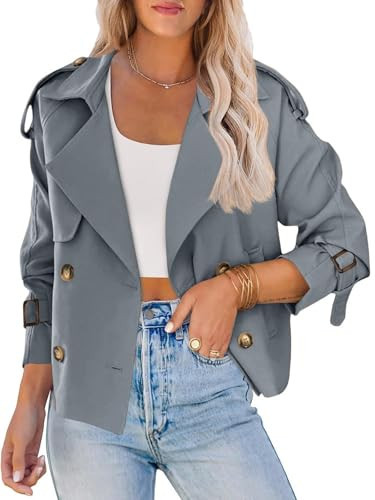 Saodimallsu Women Crop Double Breasted Trench Coat Raglan Sleeve Work Office Cropped Jacket With Pockets | Amazon (US)