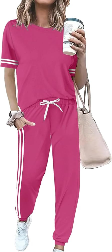 Women 2 Piece Outfits Summer Set Striped Short Sleeve Sweatsuits Crew Neck Pullover Lounge Tracks... | Amazon (US)