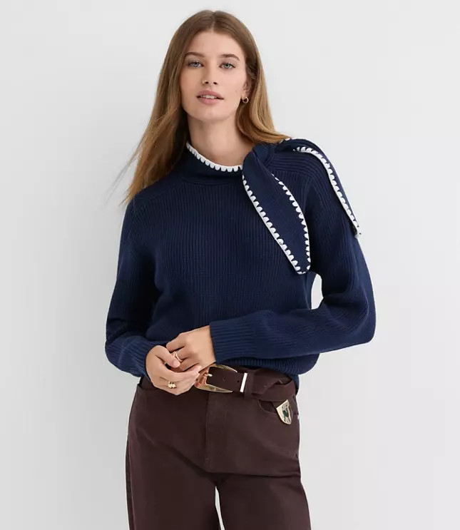 Contrast Stitched Tie Neck Sweater | LOFT