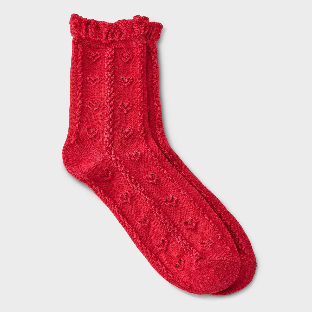 Women's Soft Ruffle Cuff Textured Hearts Valentine's Day Mid Crew Socks - Auden™ Red 4-10 | Target