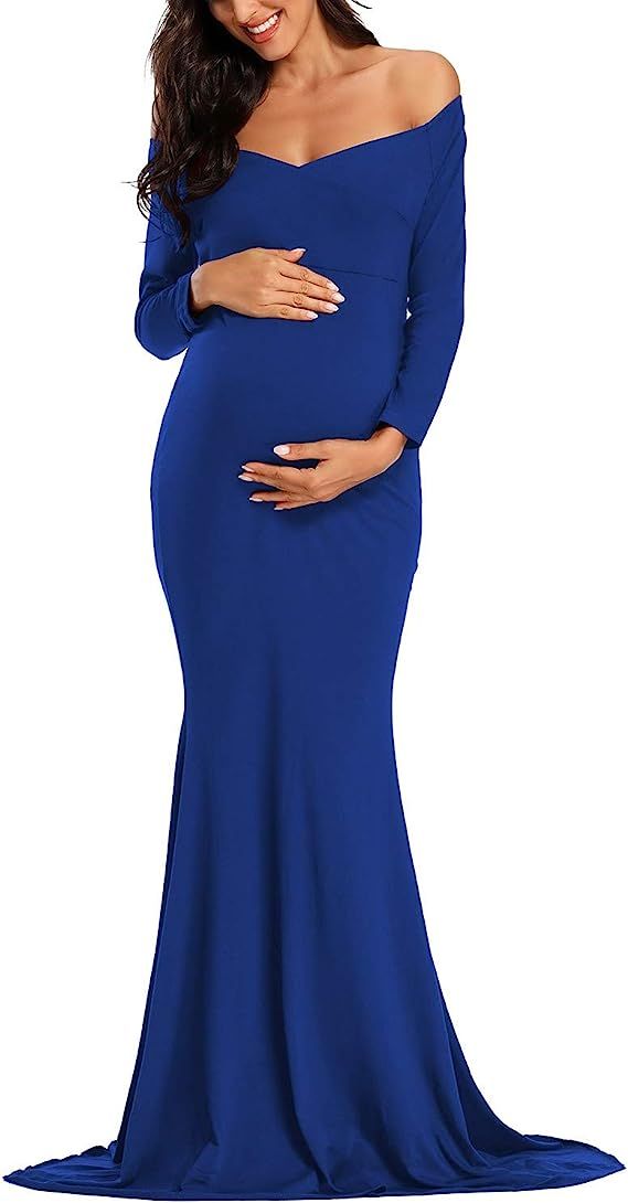 Ecavus Women's Off Shoulder Maternity Dress Slim Cross-Front V Neck Long Sleeve Gowns for Photosh... | Amazon (US)