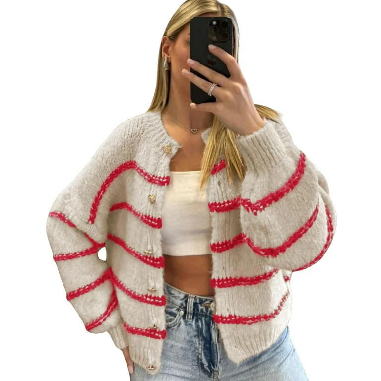 PUWEI Women's Striped Knit Cardigan Sweater Long Sleeve Button Down Crew Neck Outwear | Walmart (US)