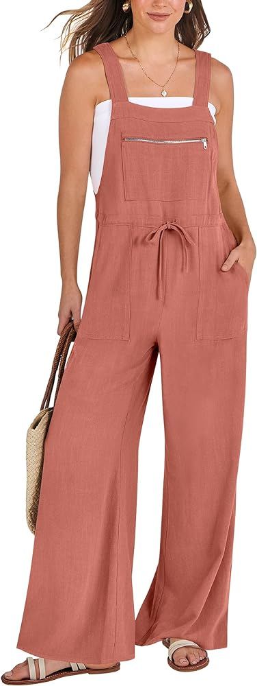 ANRABESS Womens Jumpsuits Overalls Wide Leg Casual Summer Outfits Loose Sleeveless Straps Linen B... | Amazon (US)