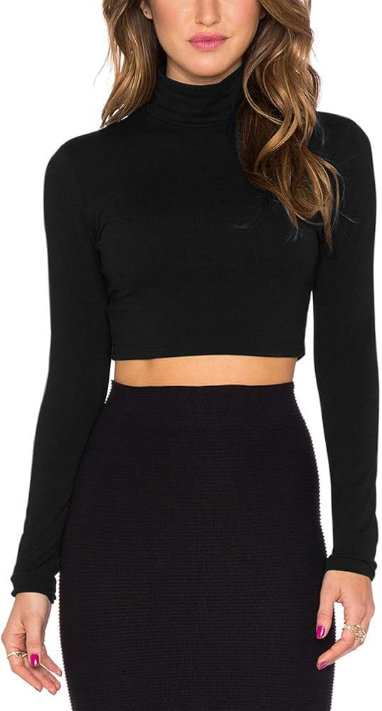 Bestisun Women Long Sleeve Stretchy Crop Top Sexy Slim Fitted Cropped Shirts Turtleneck Crop Top | Amazon (US)