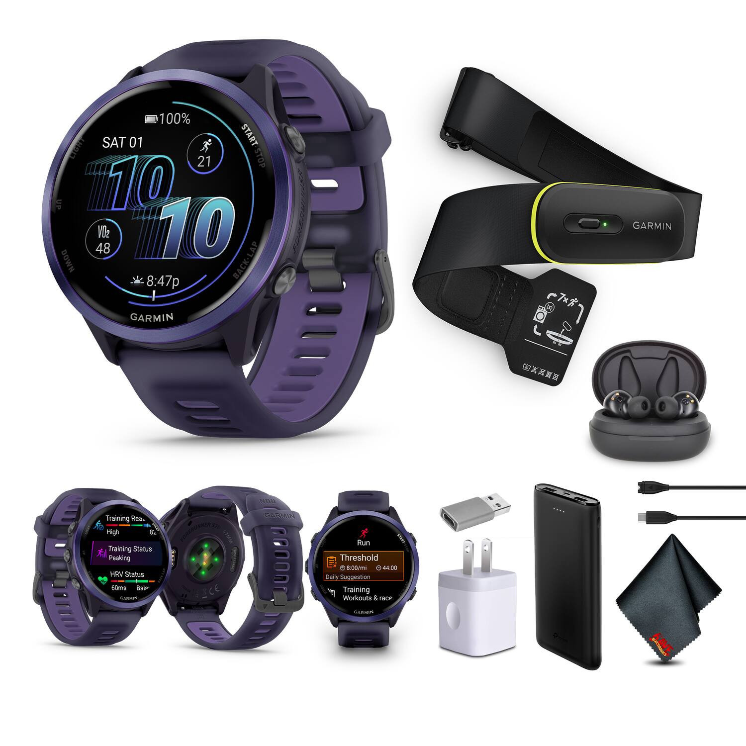 Garmin - Forerunner 570 – 47MM, Indigo Aluminum with Translucent Imperial Purple/Indigo Band​ , Air Pro EarBuds - Purple - (2025) | Best Buy U.S.