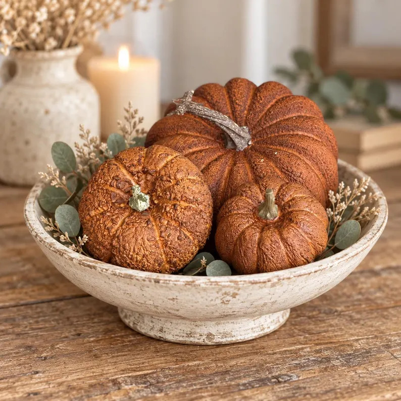 Rustic Harvest Textured Faux Pumpkins, Rust Orange Artificial Fall Decor, Short Round, Small or M... | Etsy (Global)