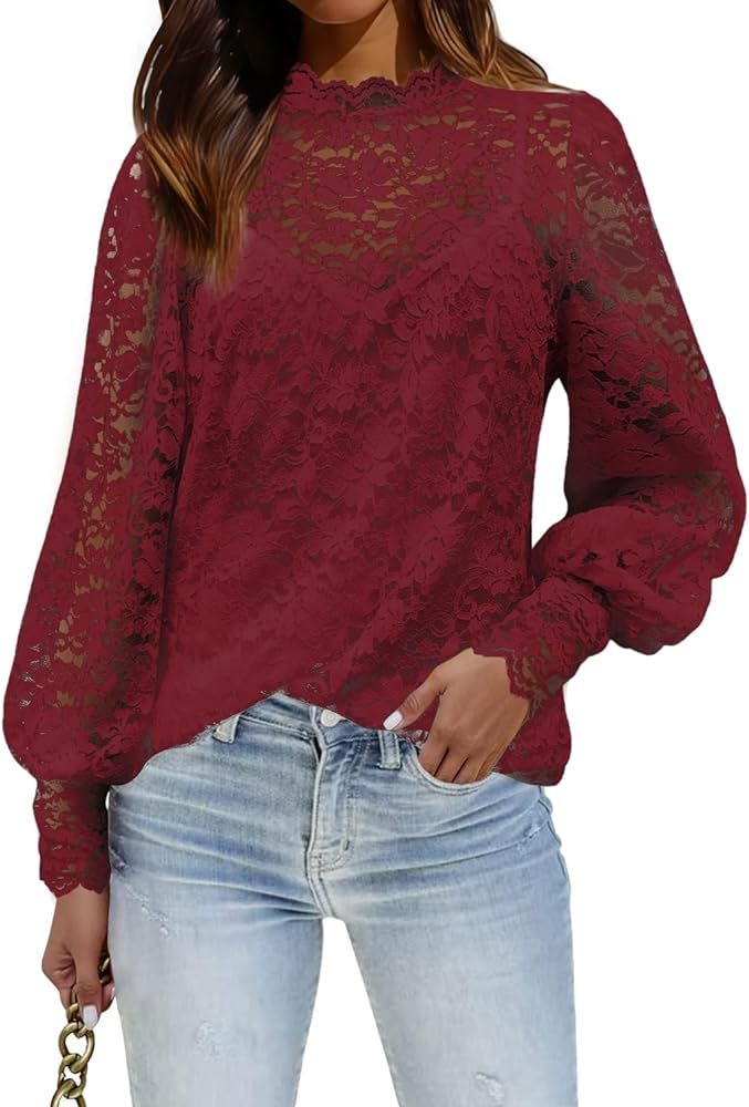 LAMISSCHE Womens Lace Mock Neck Top Long Sleeve Sheer Blouses Sexy Layering Shirts with Stretchy ... | Amazon (US)