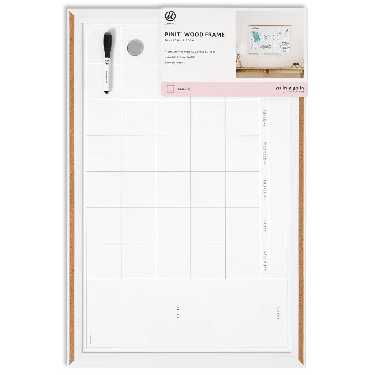 U Brands 20"x 30" PINIT Magnetic Dry Erase Calendar Board Wood Frame | Target