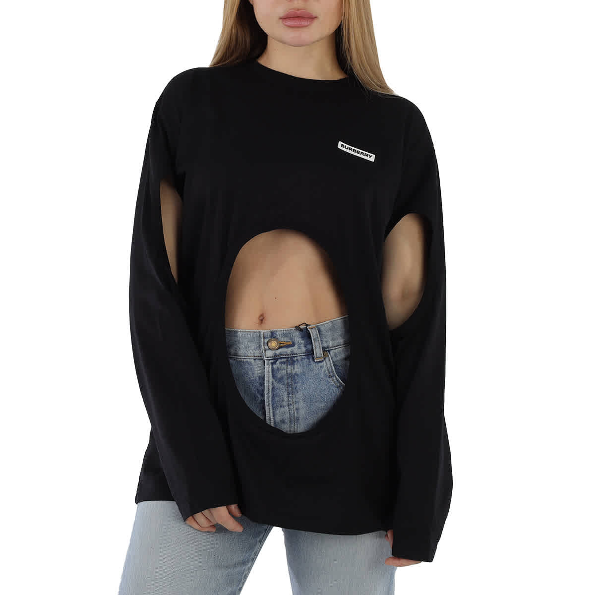 Burberry Ladies Black Cutout Swan Print Oversized Top | Shop Simon