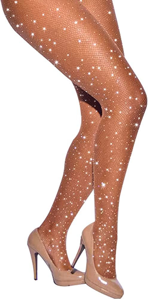 CHRLEISURE Women's Sparkle Rhinestone Fishnets Sexy Tights High Waist Stockings Skin at Amazon Wo... | Amazon (US)