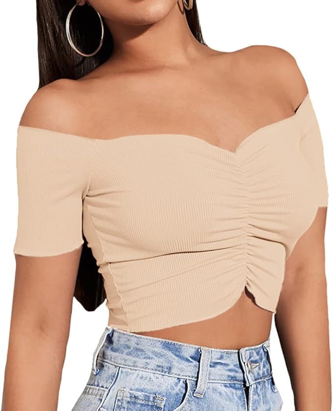 LYANER Women's Off Shoulder Ruched Short Sleeve Rib Knit Sexy Crop Top Blouse | Amazon (US)