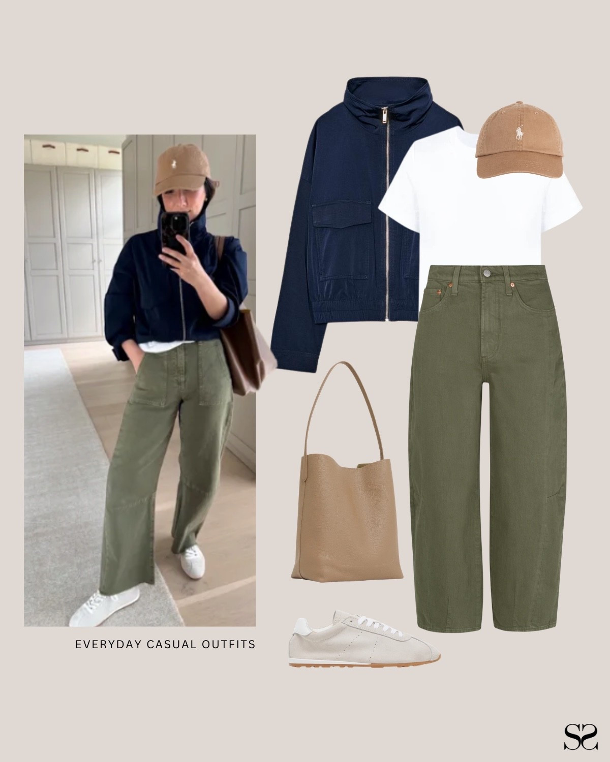 Outfit idea when you want to look intentional without thinking about it: Olive wide leg pants with a navy zip jacket and a cap. The color combination does all the work. 

Inspo: @crystalinmarie 

Olive pants, navy zip jacket, white tee, tan baseball cap, leather tote, white sneakers 


#LTKSeasonal #LTKgrwm #LTKootd