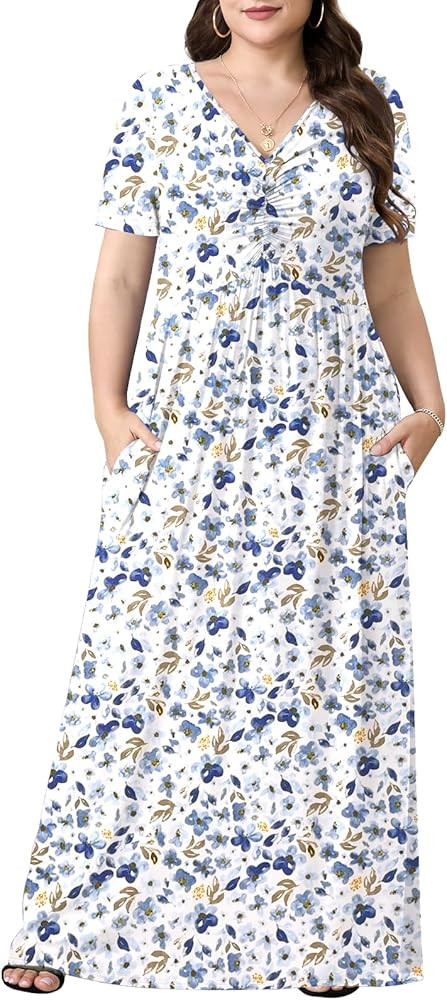 PEVRL Plus Size Maxi Dresses for Women Summer Casual Short Sleeve Long Dress with Pockets Lantian... | Amazon (US)