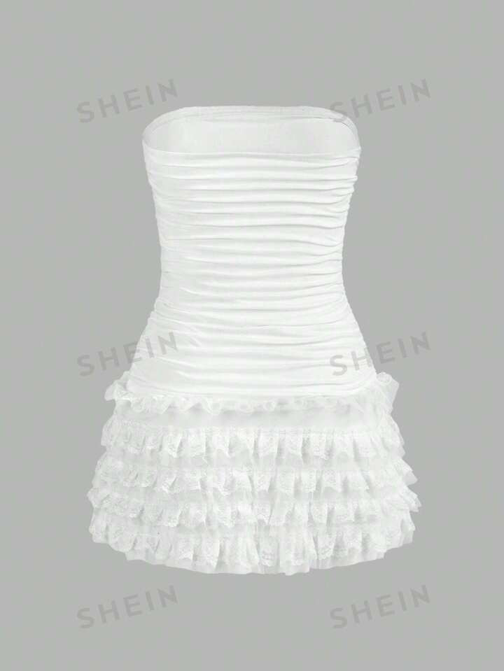 SHEIN ICON Y2k Summer Slim Fit Strapless Side Slit Pleated Layered Cake Dress Hem Dress White Hom... | SHEIN