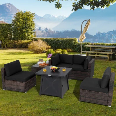 Latitude Run® 6-piece Patio Furniture Set With 30" Propane Fire Pit Table Outdoor Pe Wicker Conversation Set With Cushions And Tempered Glass Coffee T | Wayfair North America