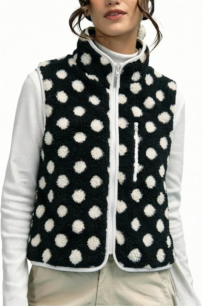 Womens Polka Dot Fleece Sherpa Vest Zipper with Pocket | Amazon (US)