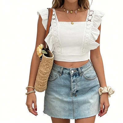 Women's Square Neck Ruffle Crop Top Lace Embroidery Sleeveless Textured Summer Blouse,WHITE,L | Target