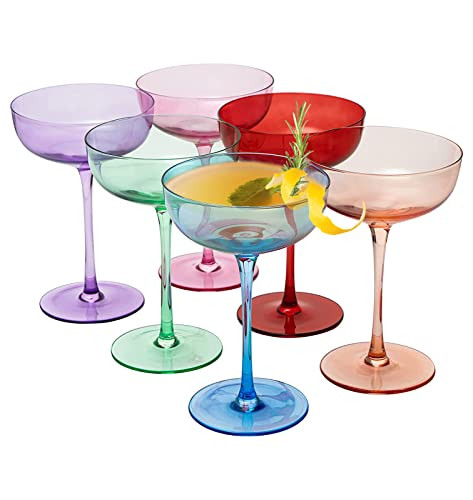 Colored Coupe Glasses - Martini , Cocktail & Champagne Glasses 7oz | Set of 6 | Cute & Colorful Pastel Colored Crystal Cocktail Glassware , Fun Classic Goblet Cocktails Glass, Stemmed Ripple Glassware | Amazon (US)