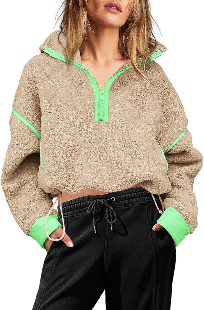 Yanekop Womens 1/2 Zip Up Sherpa Pullover Fuzzy Fleece Sweatshirt Fluffy Lapel Outerwear with Poc... | Amazon (US)