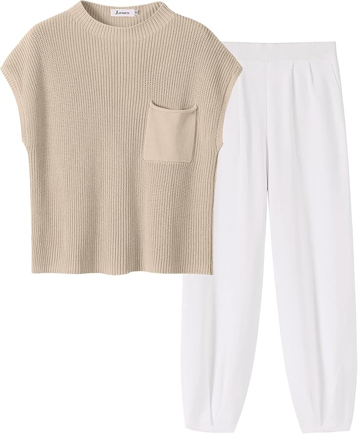 ANRABESS Women's Two Piece Outfits Knit Sweater Pullover Crop Top & Pants Lounge Matching Tracksu... | Amazon (US)
