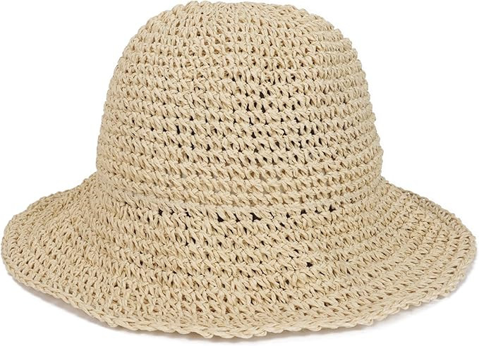 Womens Floppy Straw Sun Hat Foldable Packable Wide Brim Summer Beach Hat Crochet Bucket Hat | Amazon (US)