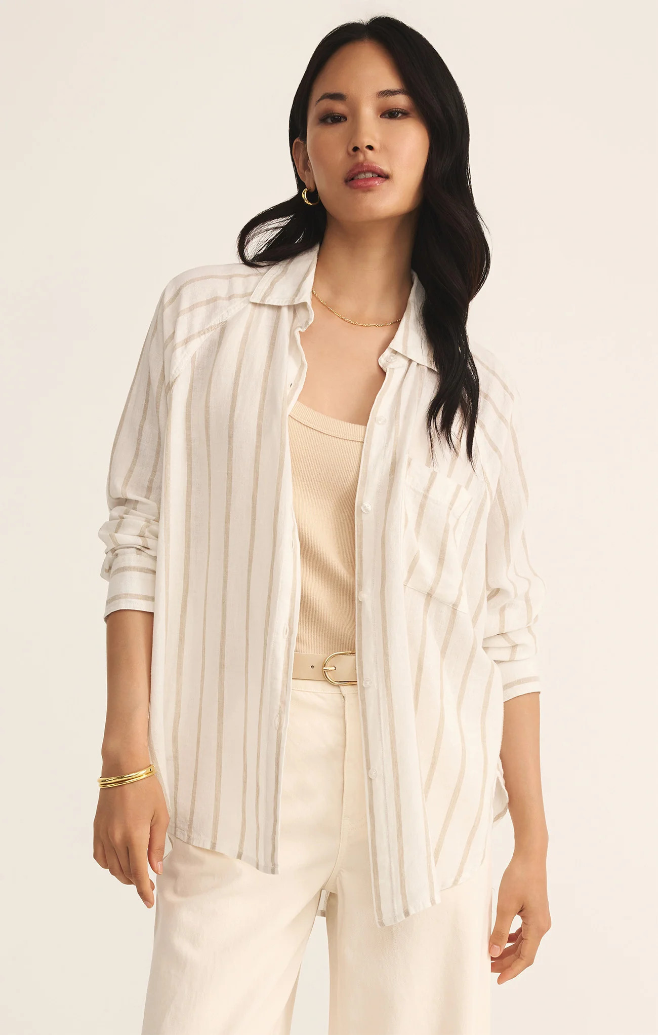 Z SUPPLY Women's Perfect Linen Striped Top, Cement, Large | Z Supply