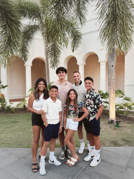 Spring break outfits!  Mens fashion - kids fashion - white one shoulder bodysuit - Levi black shorts - mom style - summer outfit - family matching and coordinating - preteen teen preteen fashion - boys fashion - girls fashion - petite - Filipino - asian 

#LTKtravel #LTKover40 #LTKfamily